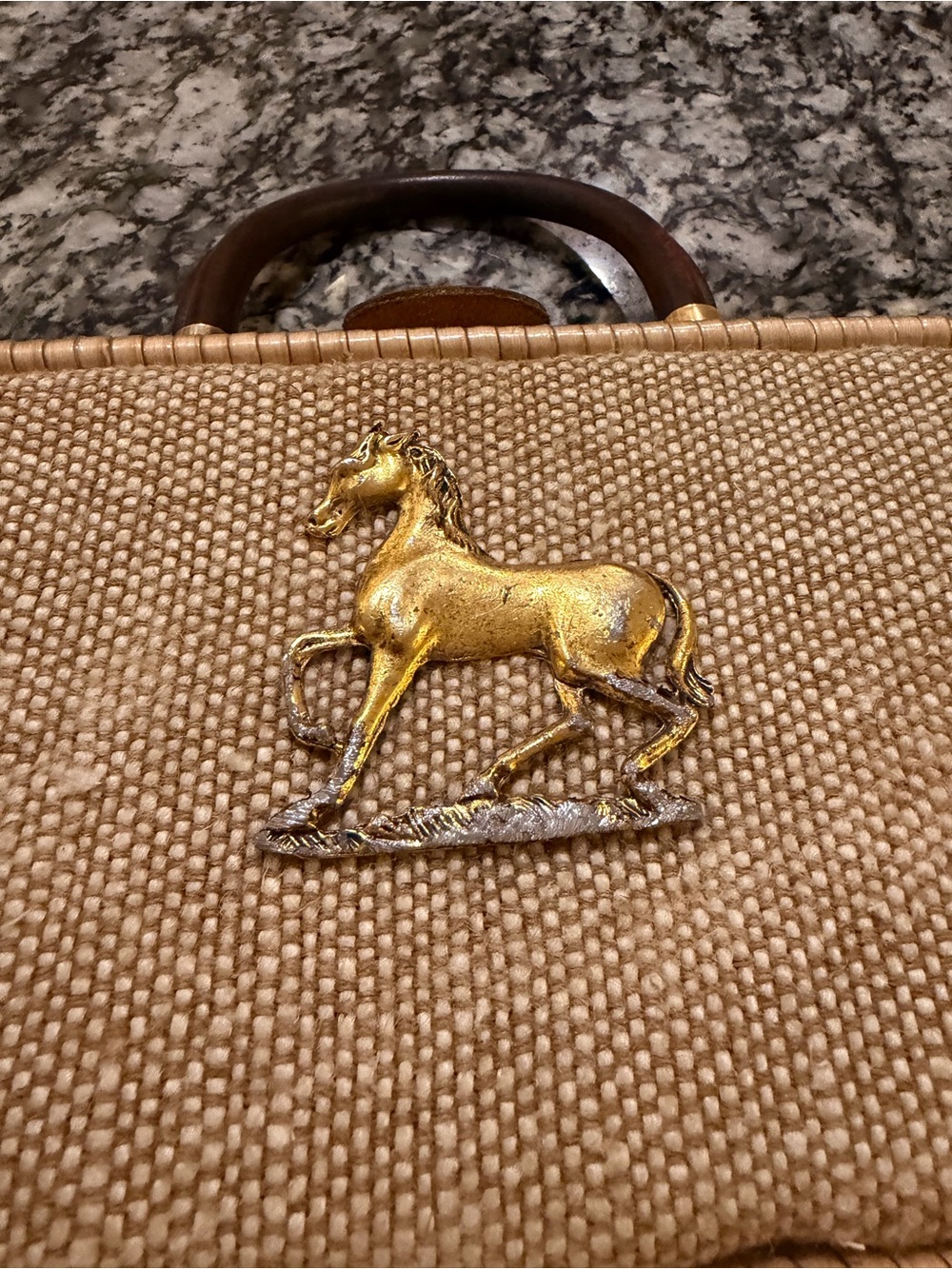 Vintage Western Natural Woven Top-Handle Bag with Gold Horse Accent - Picture 3 of 8